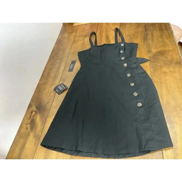 Lulu’s Louetta Black Button Down Linen Mini Dress With Bow Accent Size Medium - Picture 1 of 11